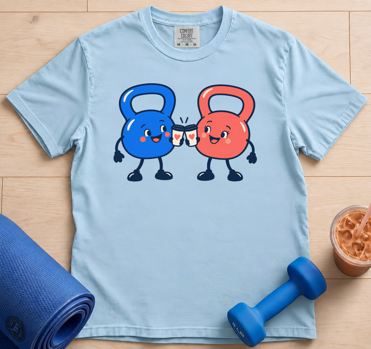 Kettlebell Friends Tee — Cute Red & Blue Workout Kettlebells Graphic T-Shirt