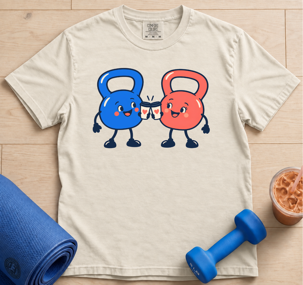 Kettlebell Friends Tee — Cute Red & Blue Workout Kettlebells Graphic T-Shirt