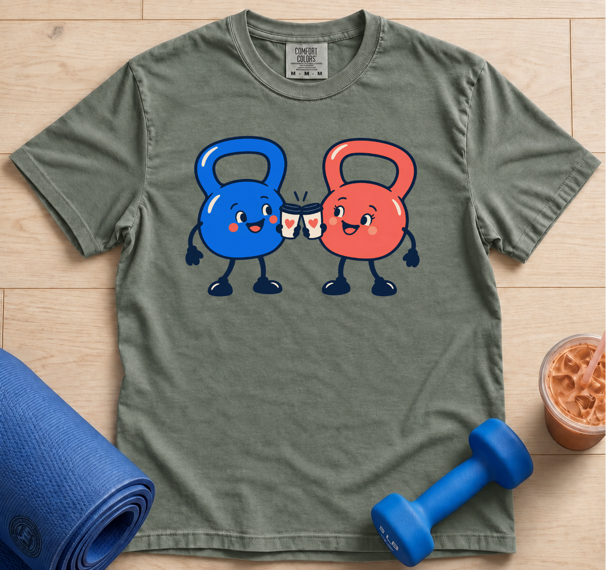 Kettlebell Friends Tee — Cute Red & Blue Workout Kettlebells Graphic T-Shirt