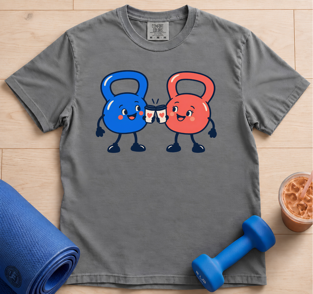 Kettlebell Friends Tee — Cute Red & Blue Workout Kettlebells Graphic T-Shirt