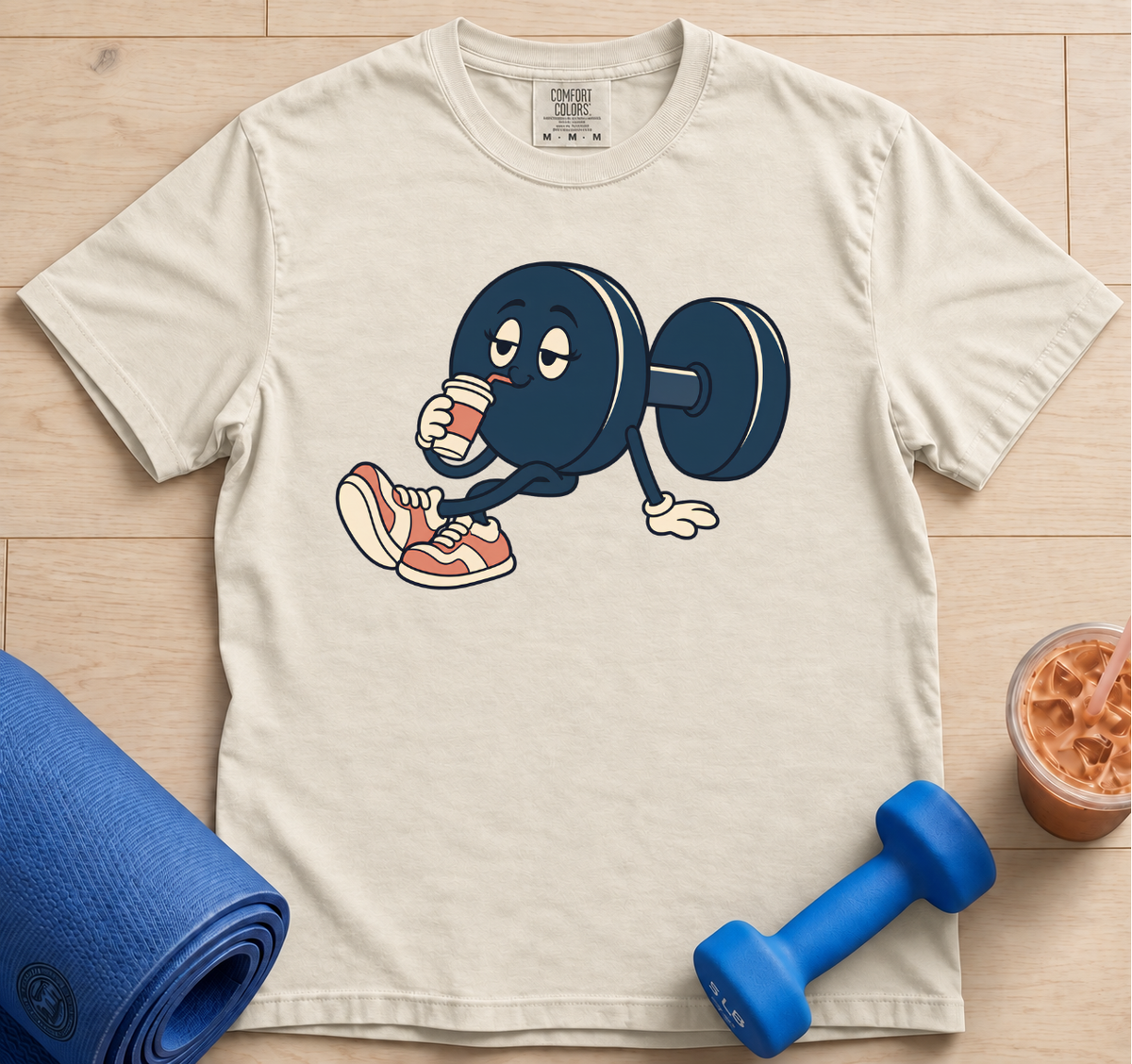 Dumbbell Character T-Shirt — Retro Gym Weightlifting Tee
