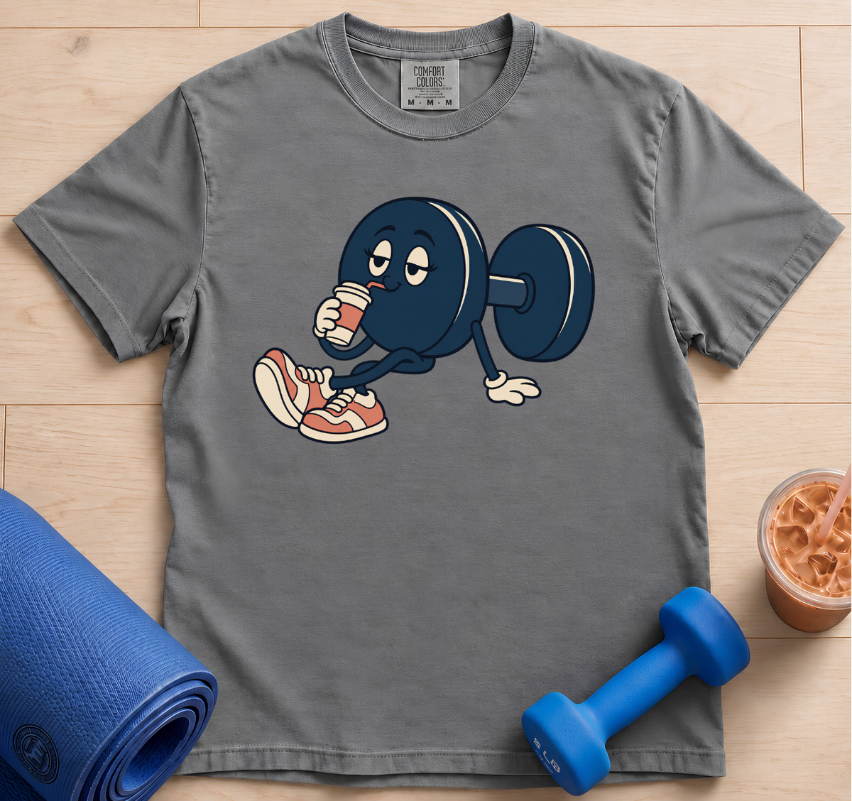 Dumbbell Character T-Shirt — Retro Gym Weightlifting Tee